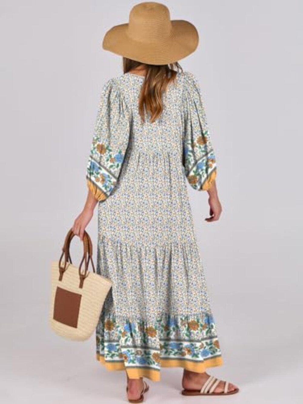 🆕 Womens Boho Maxi Dresses Summer V Neck Puff Sleeve Floral Flowy Swing Fall - Picture 4 of 6